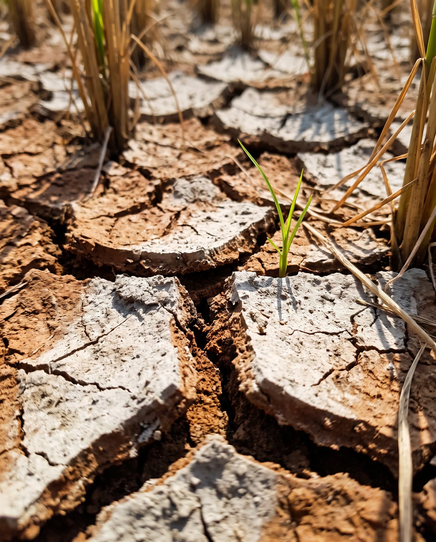 Cracked, dry farm soil under harsh light