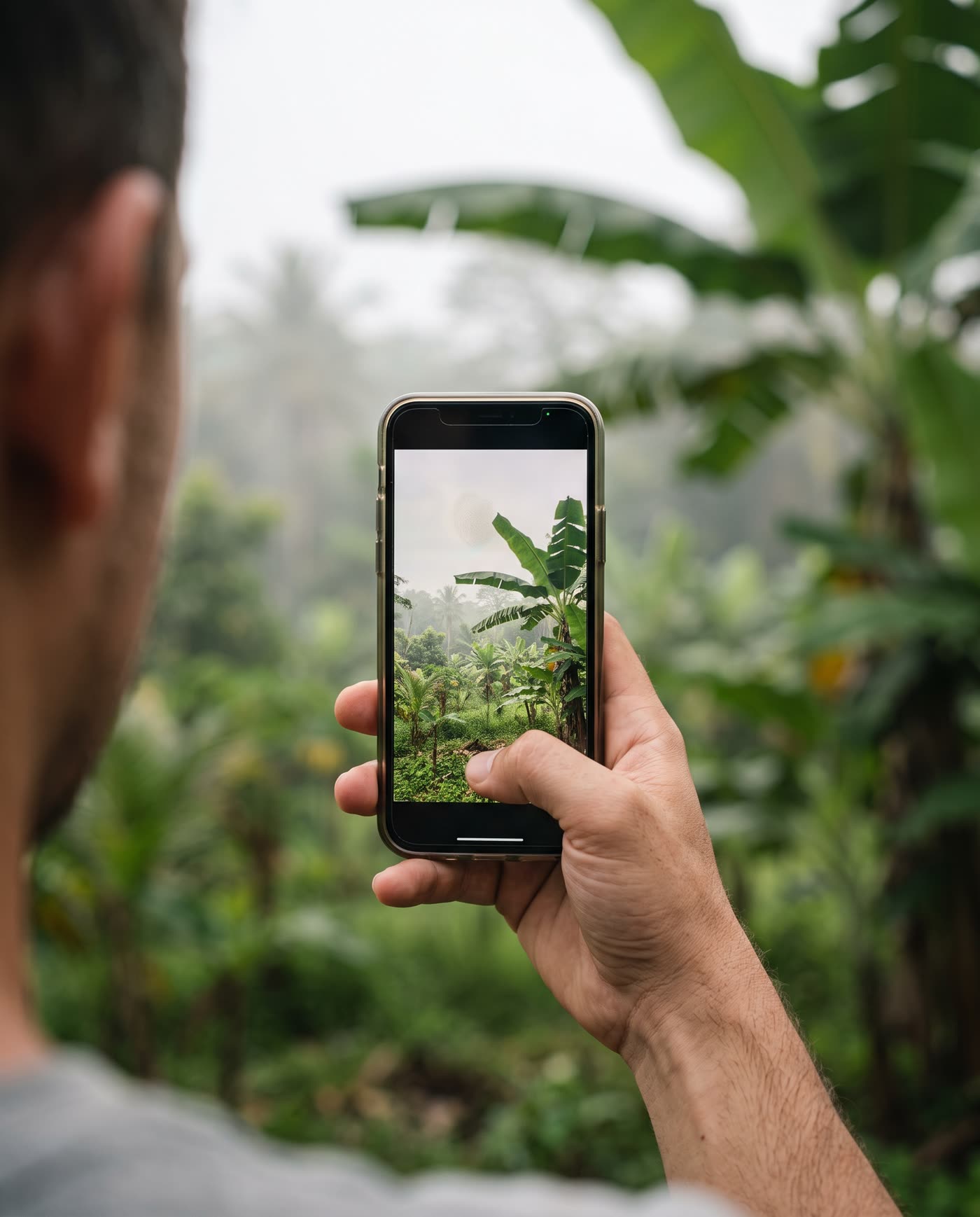 A mobile phone filming a farmer at work in a vegetable plot