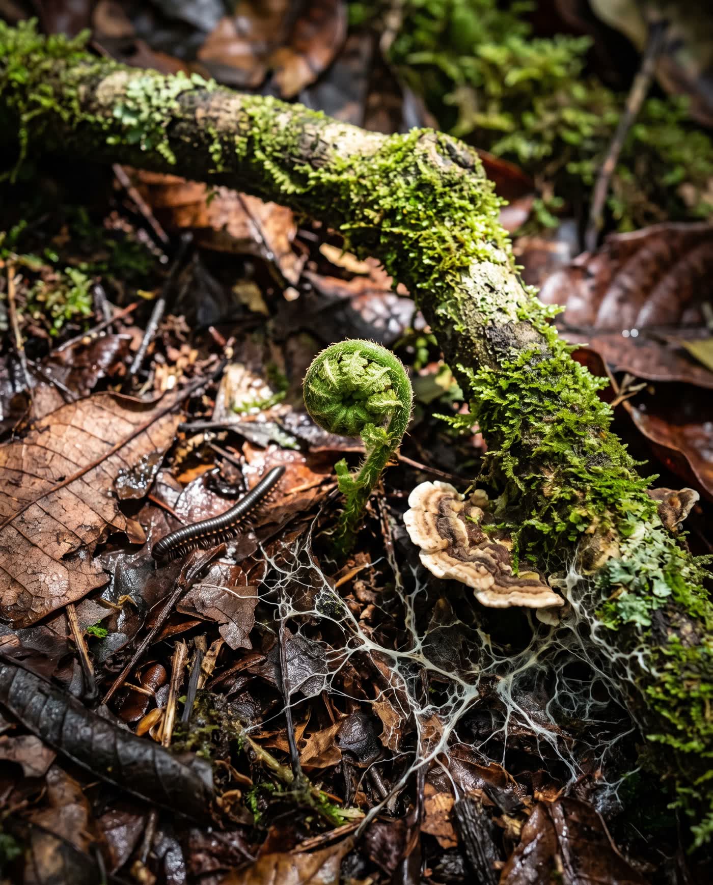 Leaf litter and new shoots on a forest floor