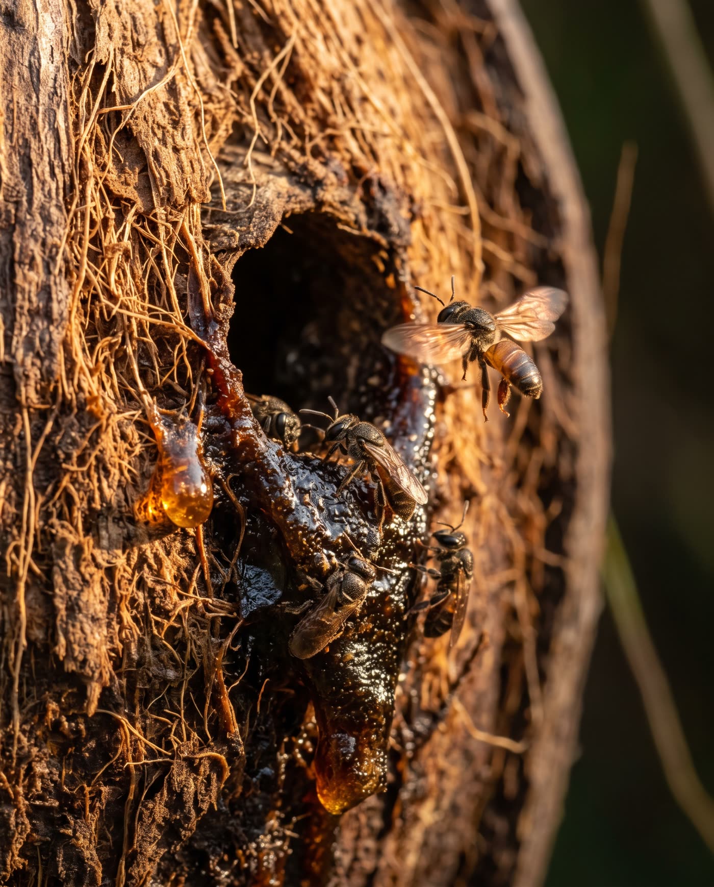 Stingless bees at the opening of a coconut husk hive