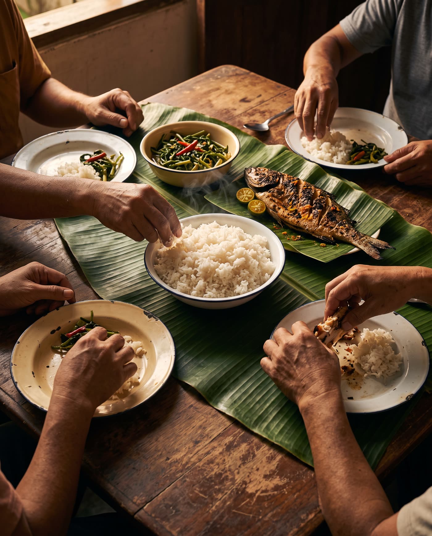 A shared meal laid out on a wooden table