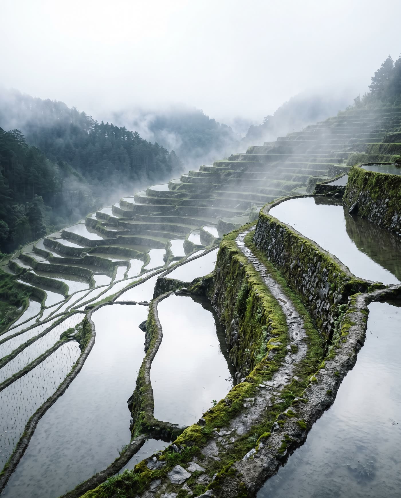 Stone-walled rice terraces in Mountain Province at dawn