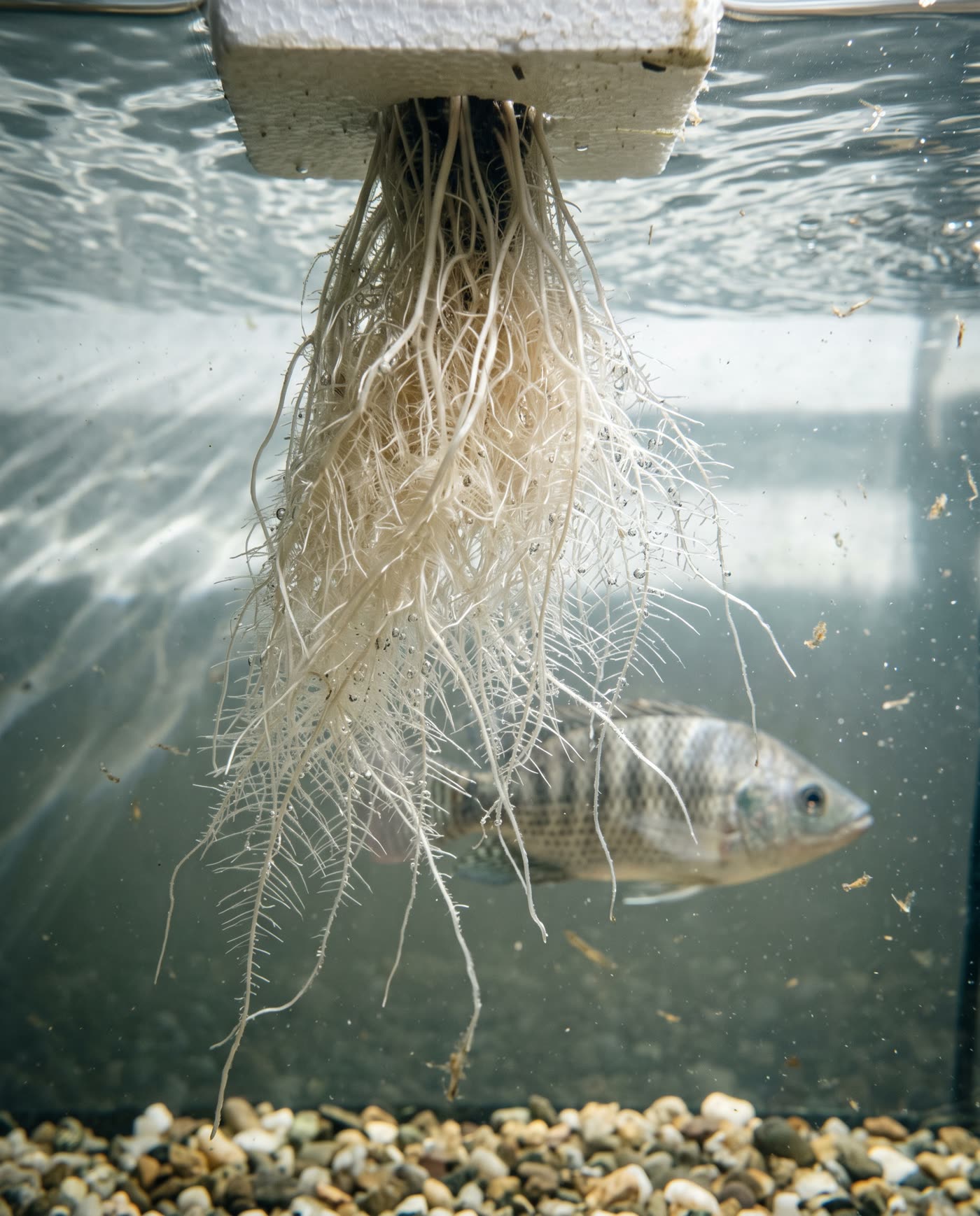 Vegetables growing above a fish tank in an aquaponics system