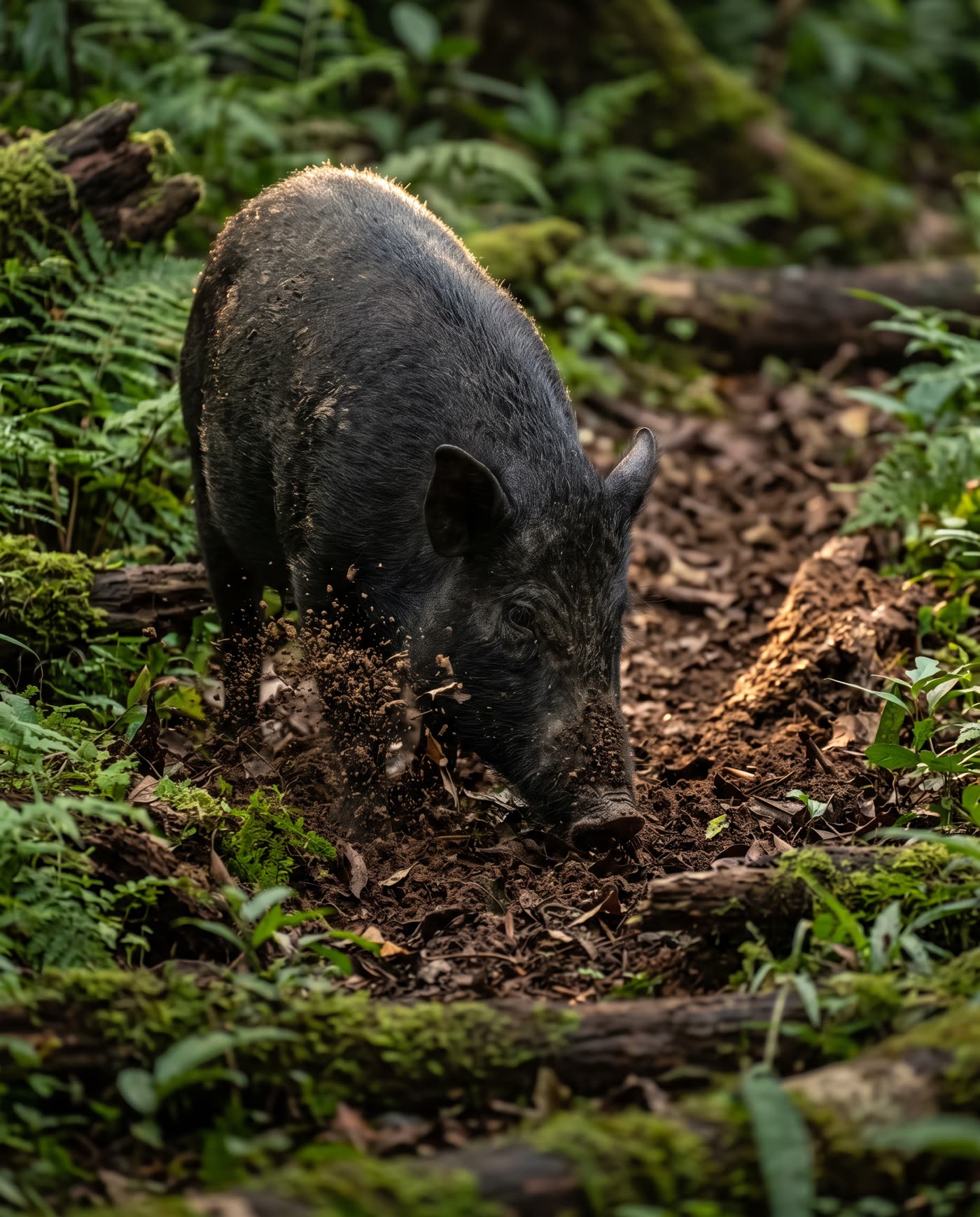 A native black pig rooting through forest undergrowth