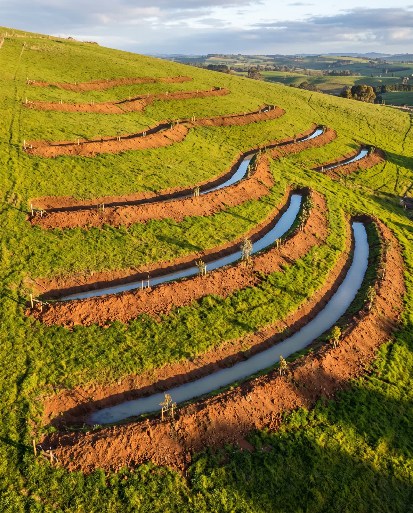 A curved swale cut along the contour of a hillside farm