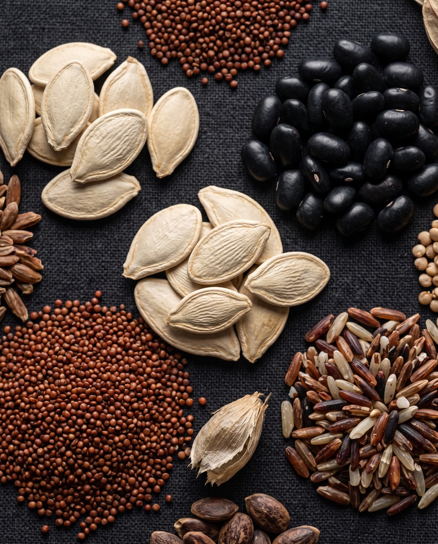 Assorted seeds spread across an open palm