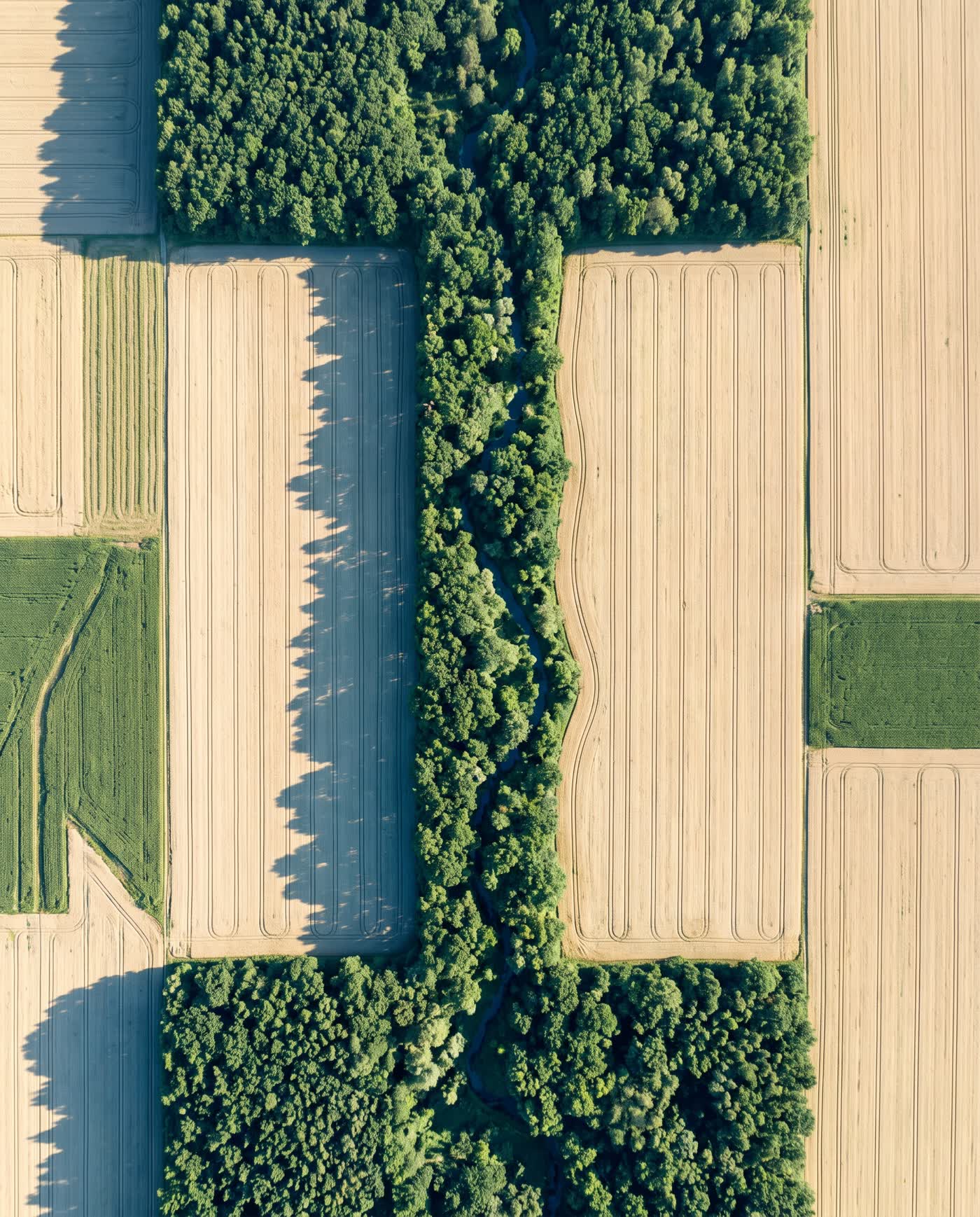 A narrow strip of forest connecting two larger woodlands across farmland