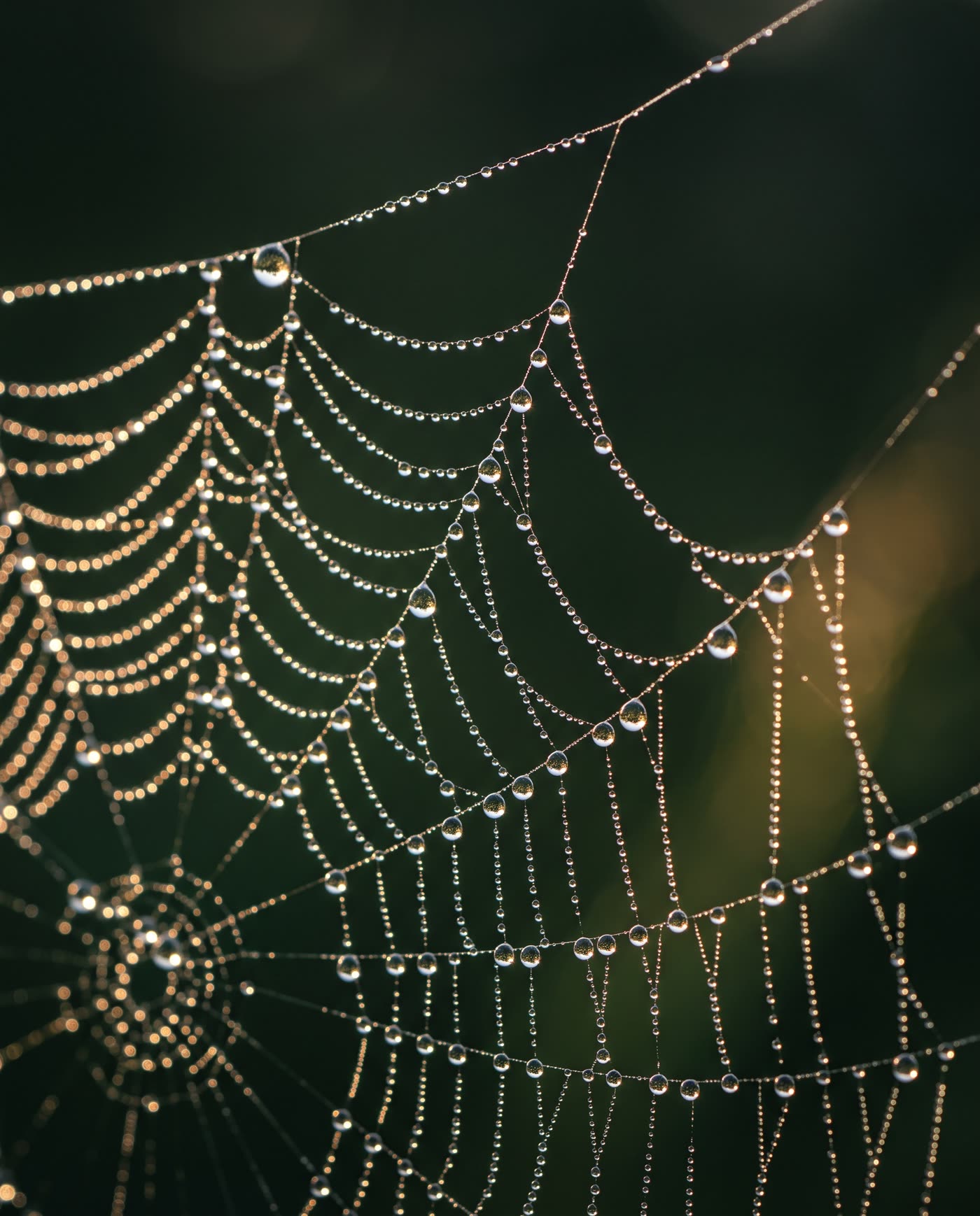A spider web strung between two branches, beaded with dew