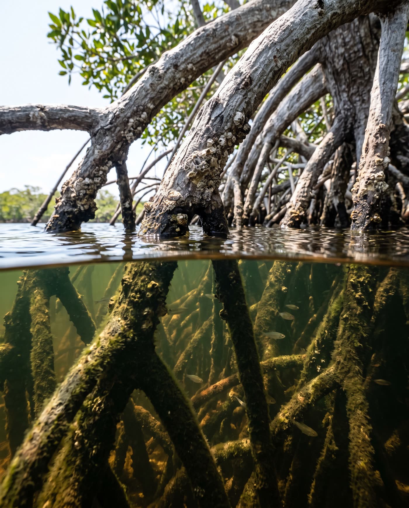 Mangrove roots tangled together above tidal water