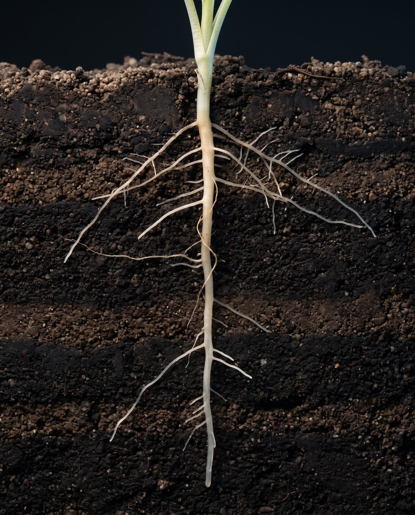 Plant roots reaching down through dark soil