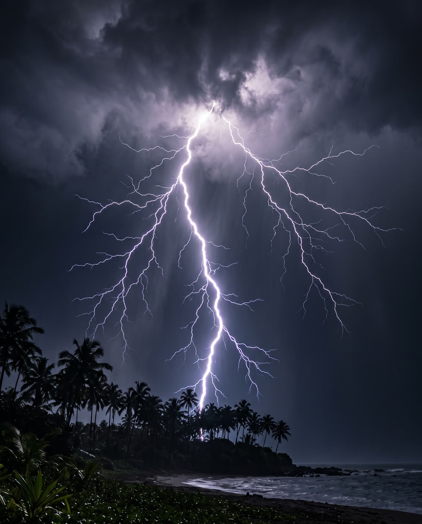 Lightning branching across a night sky over farmland