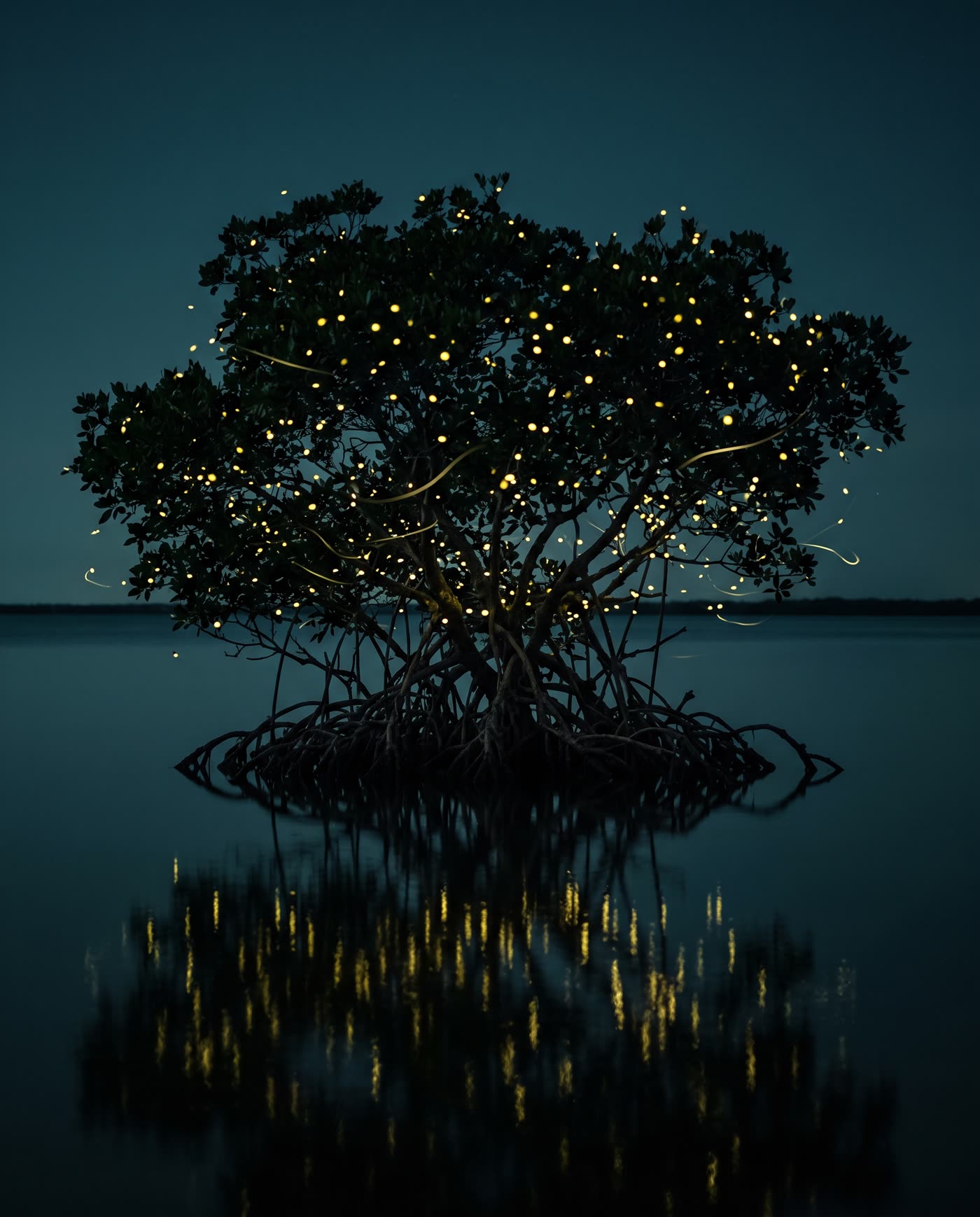 Fireflies glowing across a dark field at night
