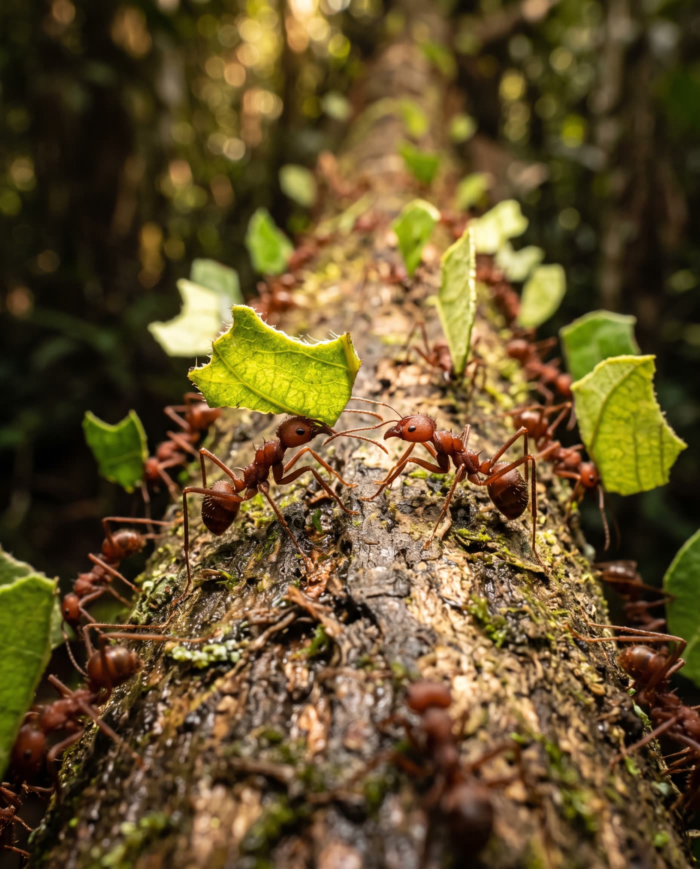 A line of ants passing along a branch, antennae touching