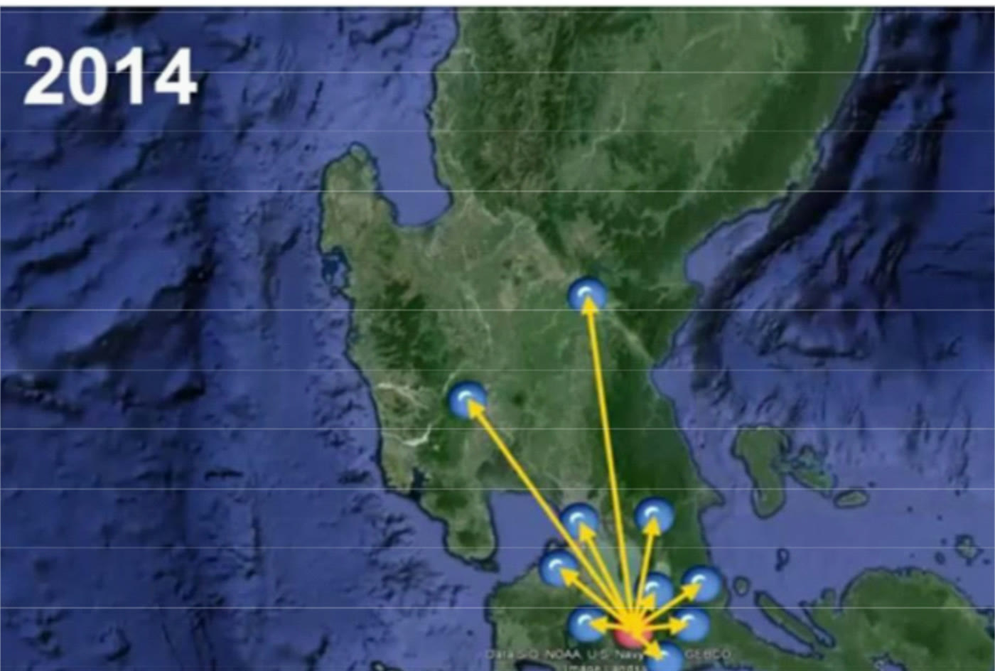 Final frame of the GIS animation showing ten network nodes connected to the focal node on a map of Luzon