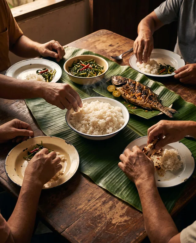 Hands sharing a meal around a table