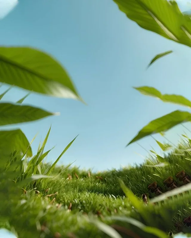 A ground-level view through grass and leaves into a blue sky