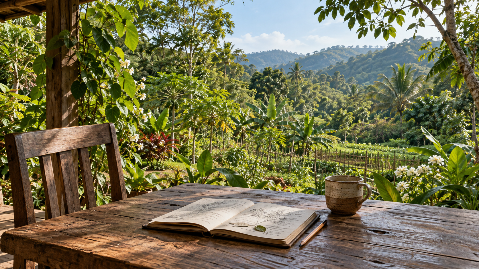Illustrative photograph: a field journal and an empty chair overlooking a sunlit tropical garden