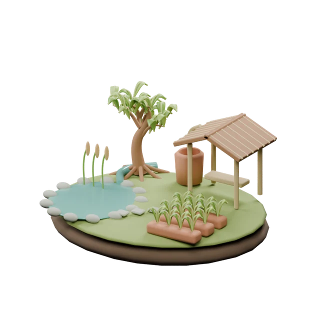 A connected landscape with a pond, rainwater vessel, community shelter, trees and garden beds